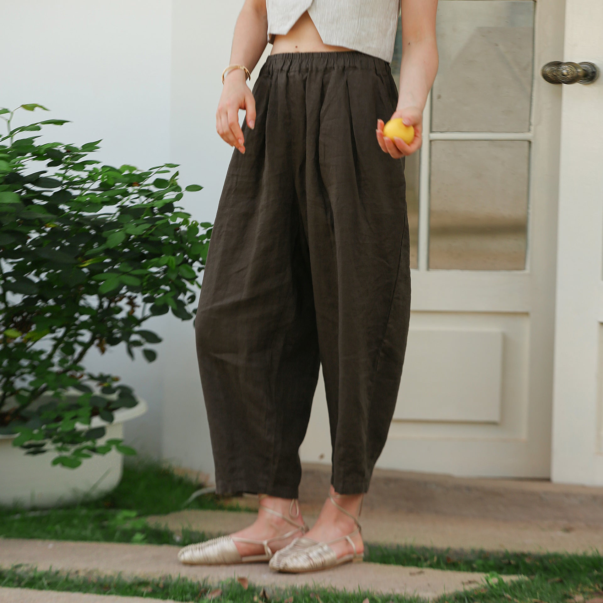 Summer Contrast Color Casual Pants Korean Pure Linen Comfortable Simple Loose Figure Flattering Cropped Harem Pants for Women