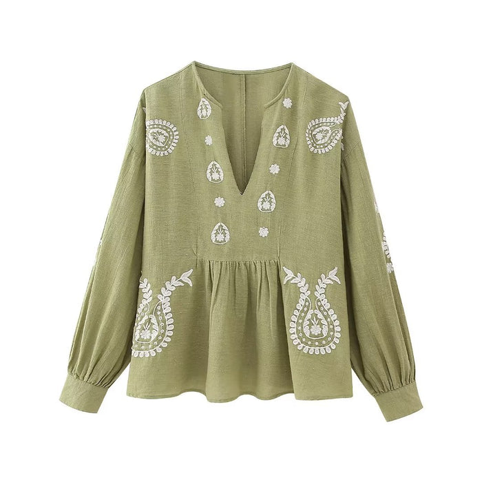 Women Long Sleeve V neck Embroidery Shirt