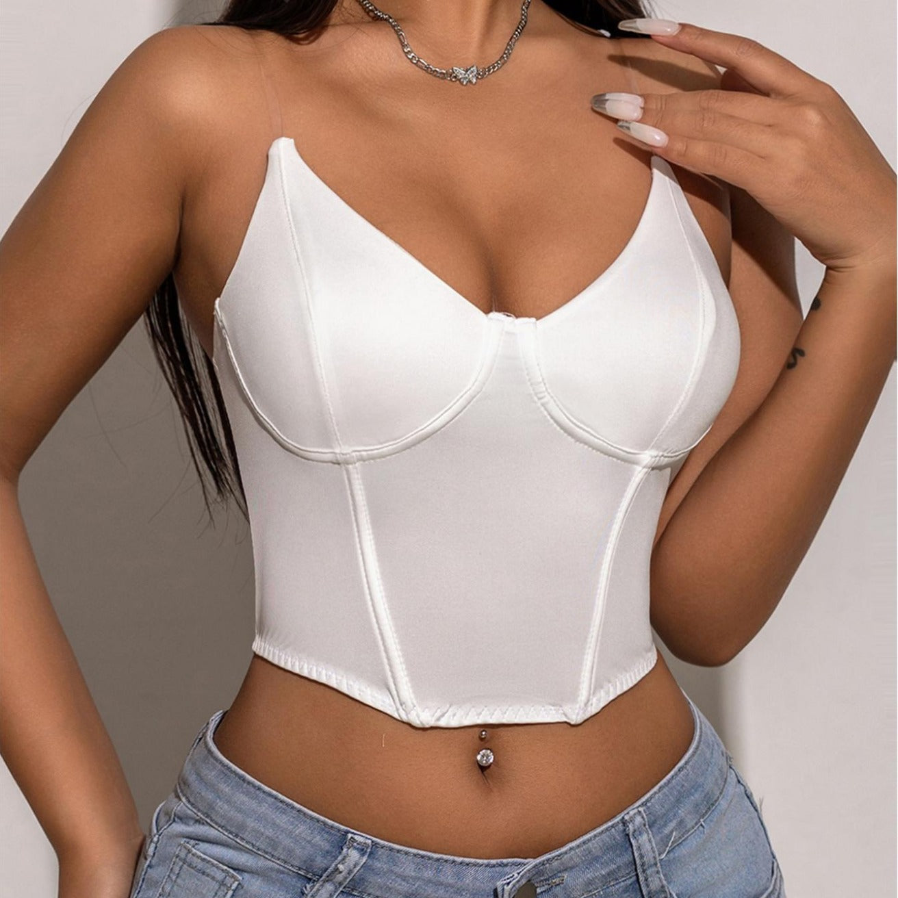 Boning Corset Corset Outer Wear Invisible Silicone Shoulder Strap Sexy Milk Silk Gathered Big Chest Strap Corset White