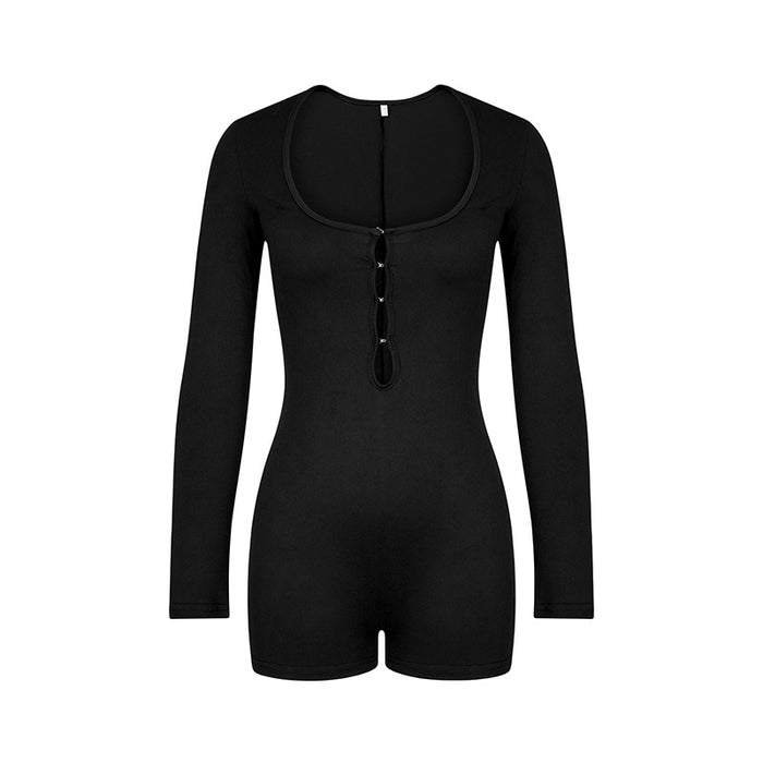 Jumpsuit Solid Color Basic Hollow Out Cutout Slim Long Sleeve Jumpsuit Women