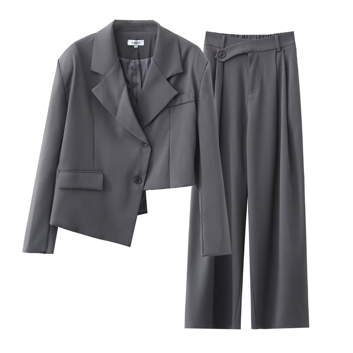 Autumn Winter Irregular Asymmetric Design Short Blazer High Waist Wide Leg Pants Set