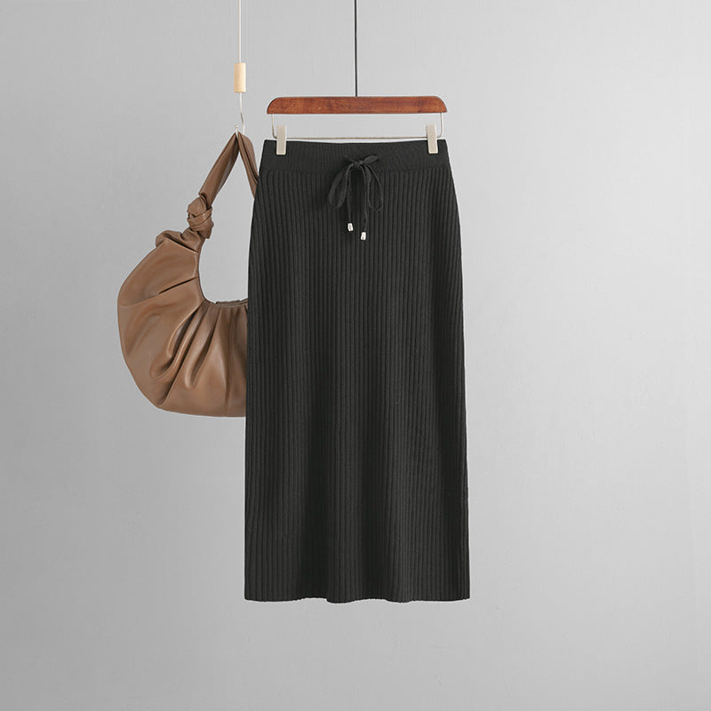 Women Knitted Skirt Type Hip Skirt Solid Color Ice Silk Mid Length Wool Skirt