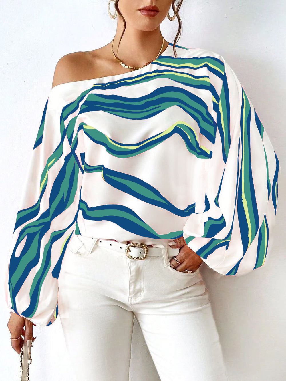 Goods Spring Summer Elegant off Shoulder off-Neck Printed Loose Women Shirt