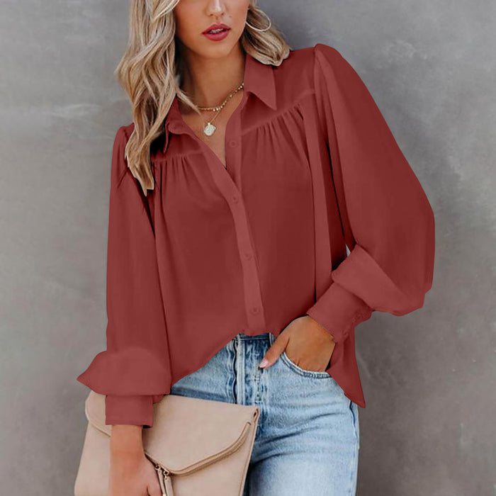 Autumn Winter Women Long Sleeved Chiffon Shirt Top Lantern Sleeve Pleated Loose Shirt Women