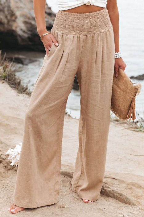 Spring Summer Women Clothing Cotton Linen Solid Color Elastic Waist Wide Leg Pants Casual Pants Trousers