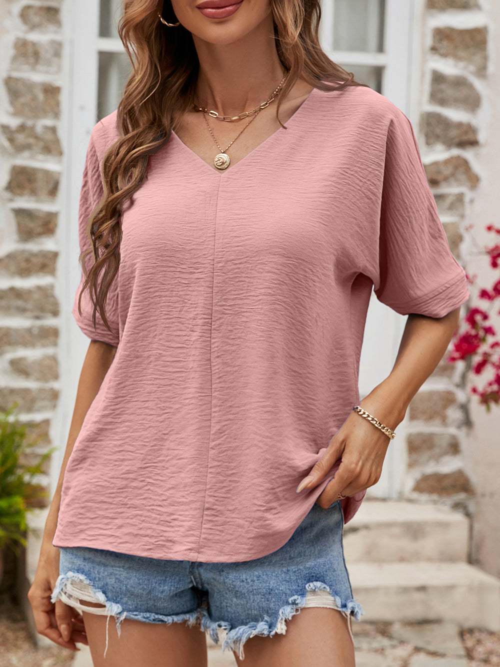 Women Clothing Summer Solid Color V neck Short Sleeved Casual Top T shirt Women