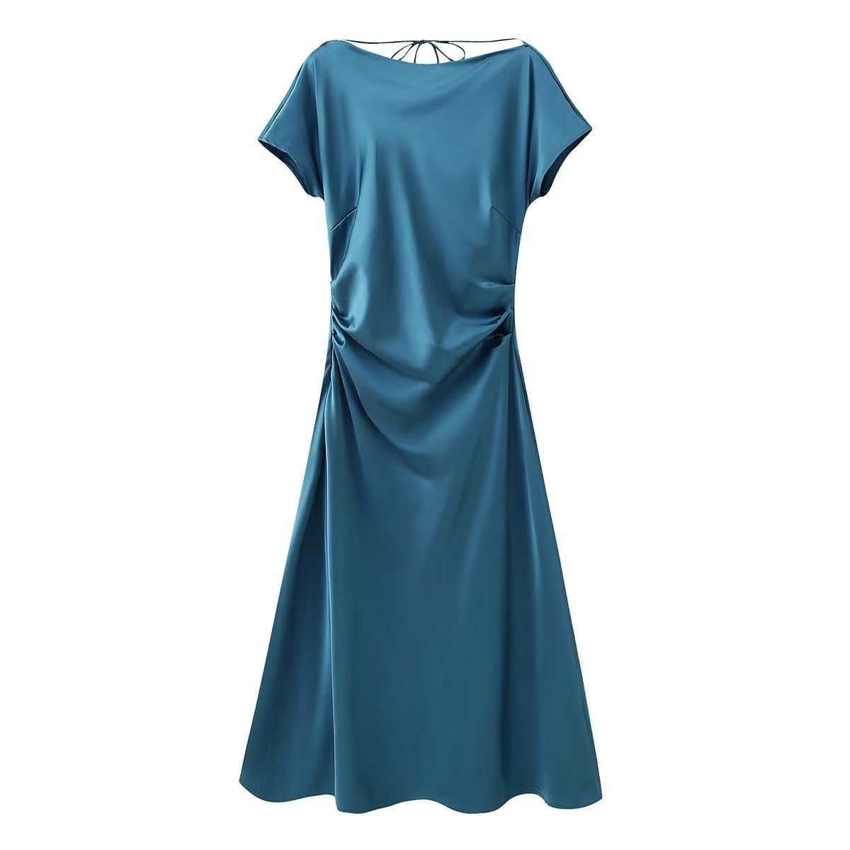 Autumn Winter Women Back Drape Effect Collar Satin Short Sleeve Dress