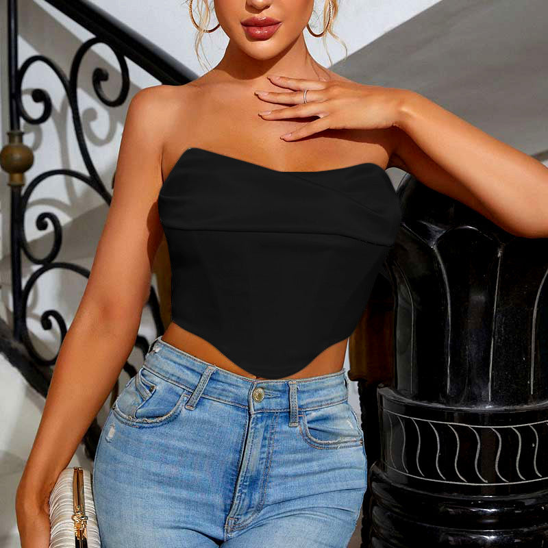 Summer Women Sexy Pile Collar Wrapped Chest cropped Short Vest Small Top Boning Corset Boning Corset Corset