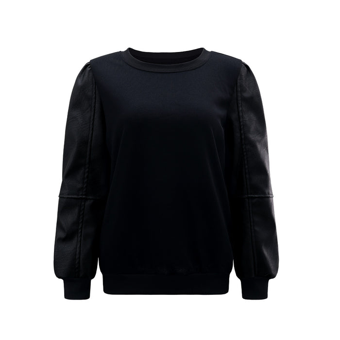 Autumn Winter Pullover Faux Leather Stitching Long Sleeve round Neck Solid Color Top