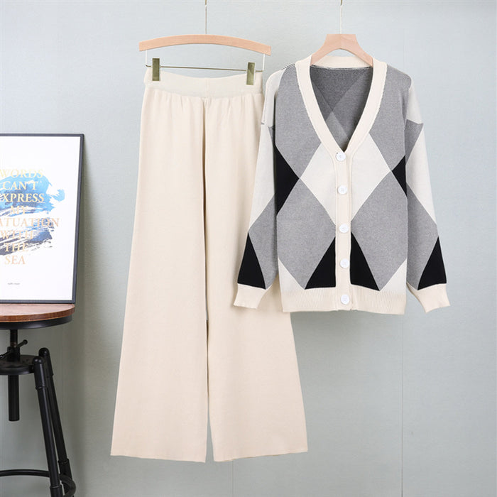 Idle Rhombus Knitted Cardigan Coat Loose Outfit Women Autumn Winter Sweater Outer Wear Twet