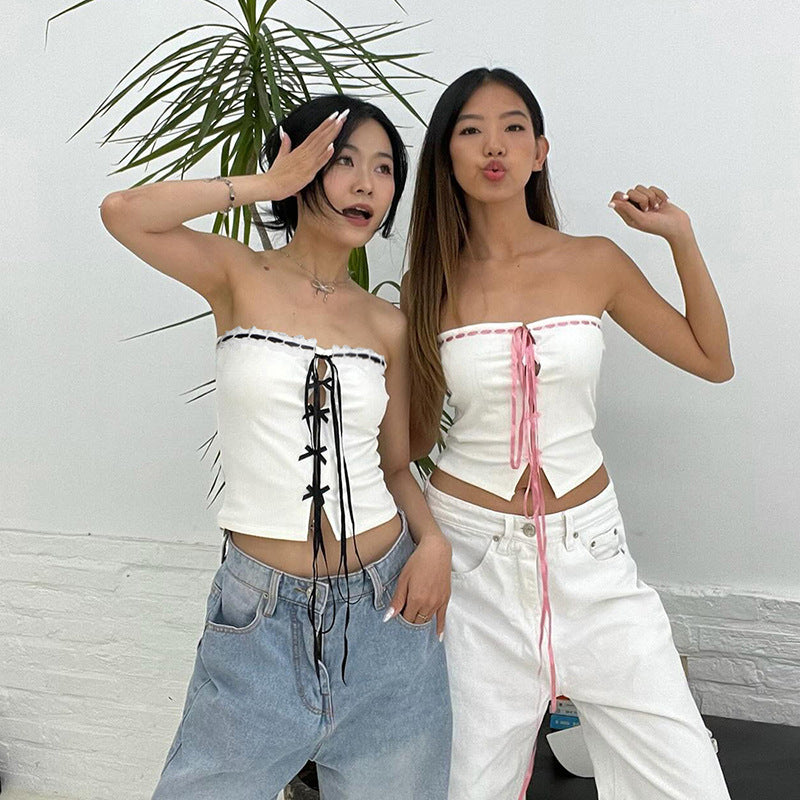 Southeast Asia Sexy Contrast Color Tube Top Hollow Out Cutout out Strap Lace up Sleeveless Tube Top Top for Women Spring Summer