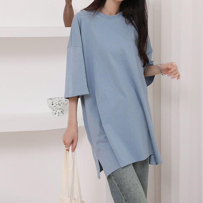 Korean Summer Pure Cotton T shirt Side Slit Casual Loose Mid Length Shirt Short Sleeve