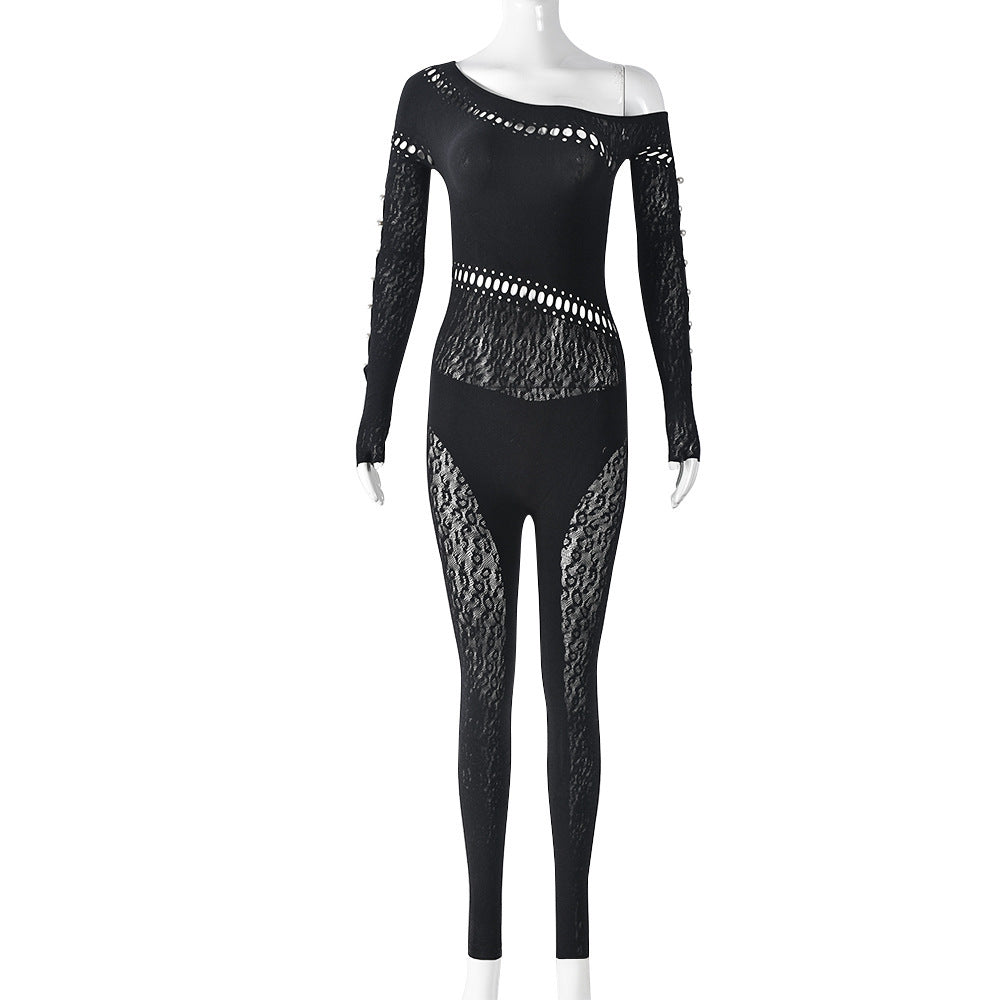 Sexy Sexy Hollow Out Cutout Seamless Knitted Jacquard Integrated High Elastic Jumpsuit Women