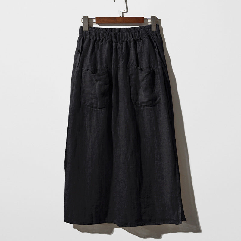 Pure Linen Wide Leg Culottes Spring Summer Design Double Pocket Elastic Waist Elegant Large Skirt