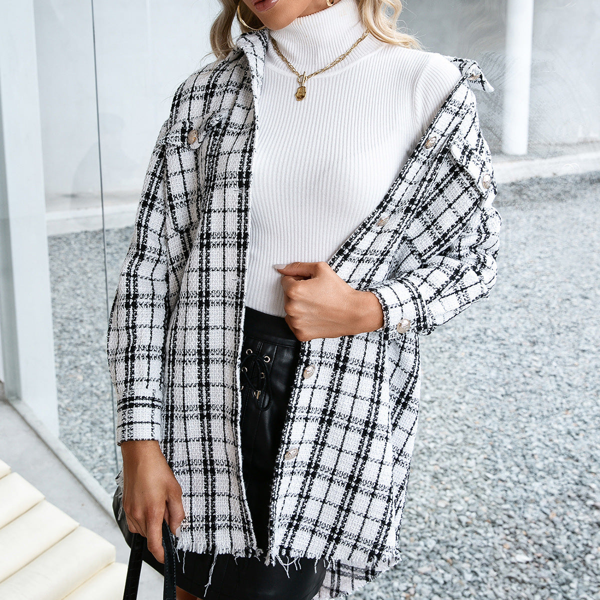 Casual Mid Length Plaid Cardigan Shirt Top Women