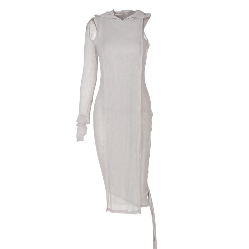 Women Clothing Autumn Fashionable See-through Irregular Asymmetric Shoulder Long Sleeve Hooded Dress