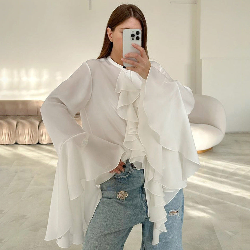 White Chiffon Design round Neck Bell Sleeve Ruffled Women Shirt Spring Summer Women Shirt