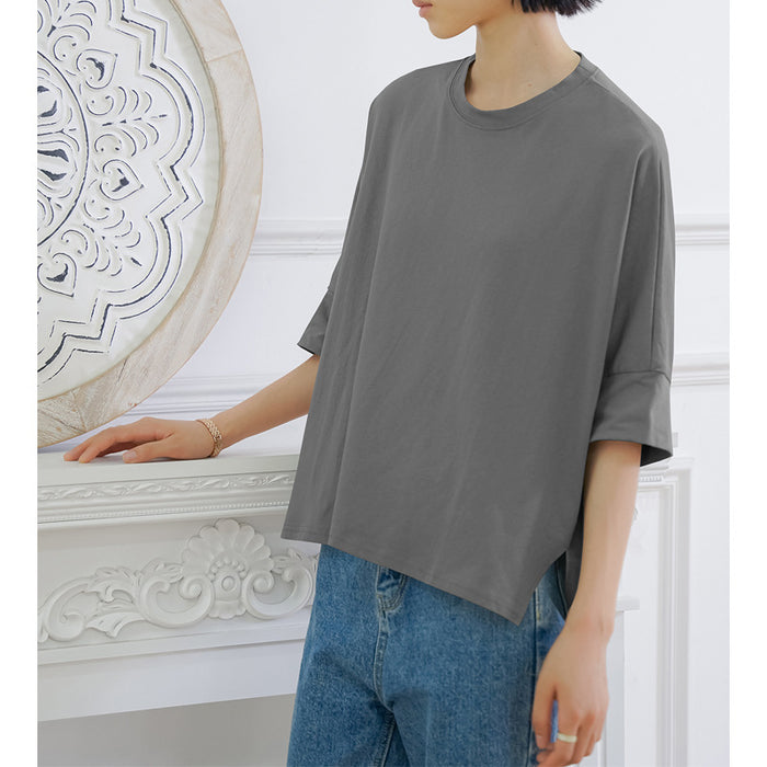 Popular Japanese Summer Loose Fitting Pure Cotton T shirt Women Large Batwing Sleeve Side Slit Top