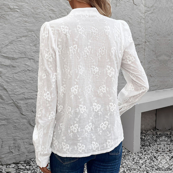 Women Clothing Cardigan Shirt Long Sleeve Hollow Out Cutout out Lace Tops Jacquard Shirt