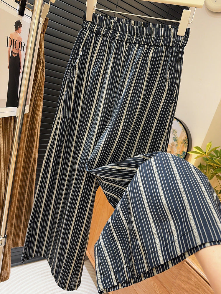 Korean Striped Culottes Women Summer Thin Casual Pants Loose Wide Leg Pants Draping Effect High Pants