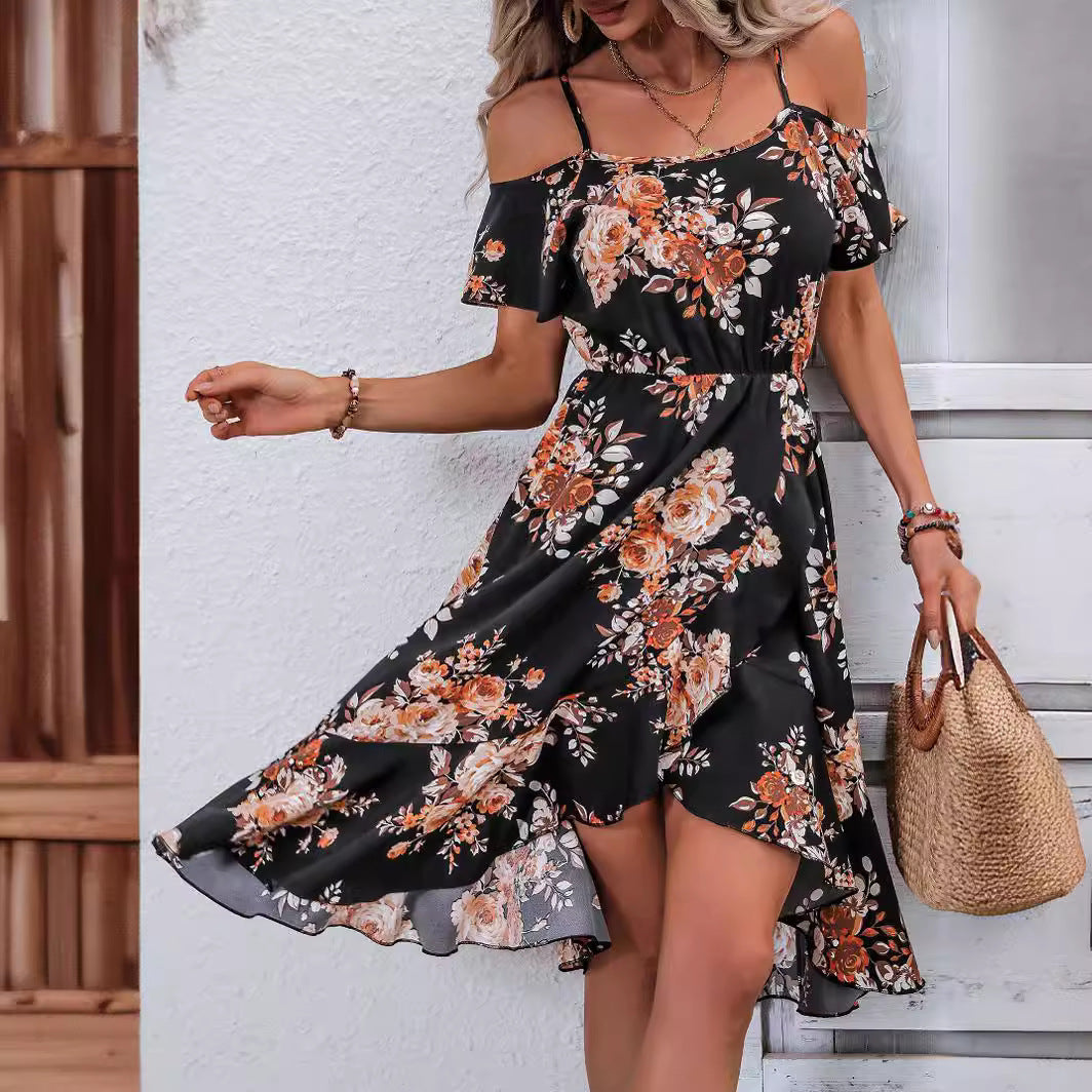 Women Clothing Summer Floral Print Slit Sling Dress