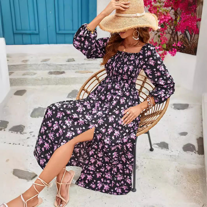 Spring Summer Romantic Elegant Women Dress Square Collar Smocking Long Sleeve Slit Floral Dress Dress