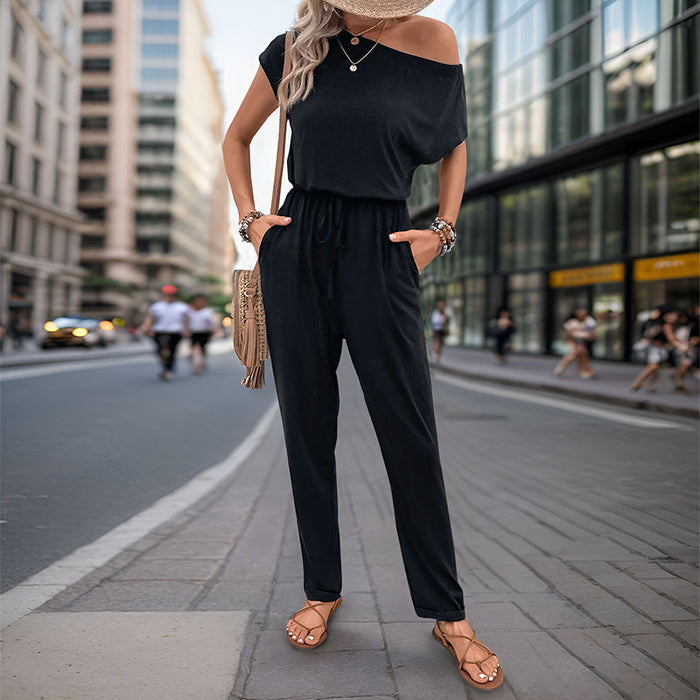 Summer Women Shoulder Solid Color Jumpsuit Trousers