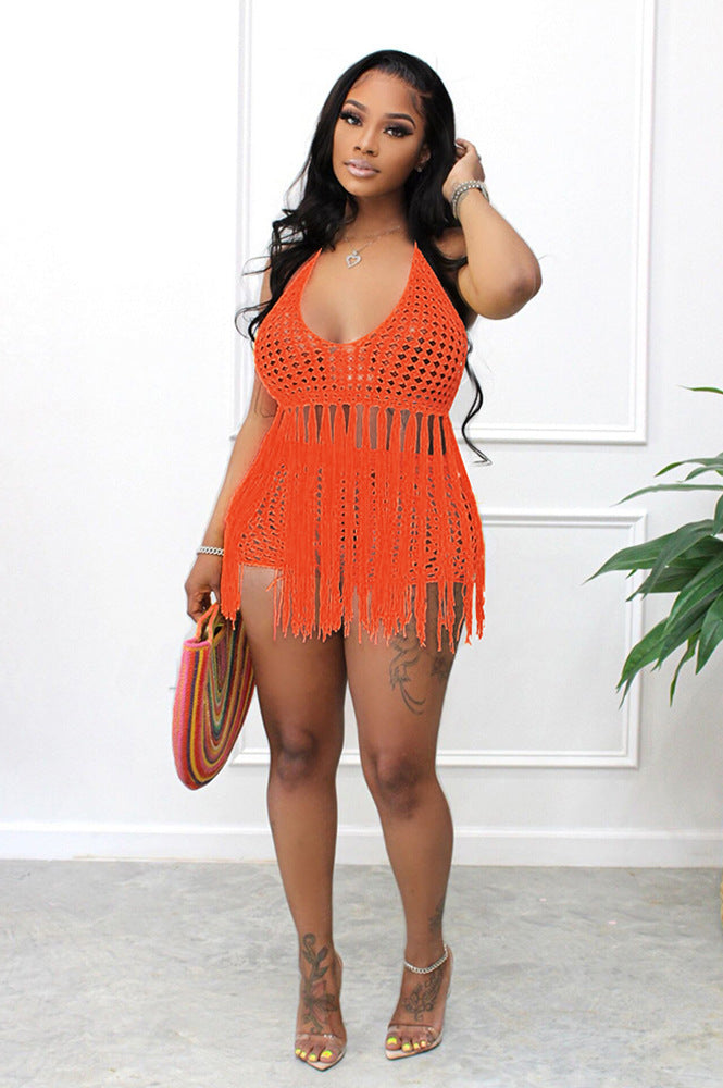 Women Clothing Sexy Mesh See through Knitted Hand Crochet Tassel Beach Suit