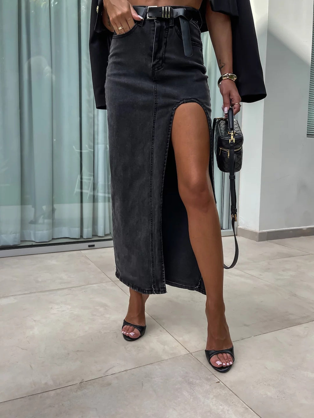 Street Retro Women High Waist Irregular Asymmetric Slit Denim Skirt