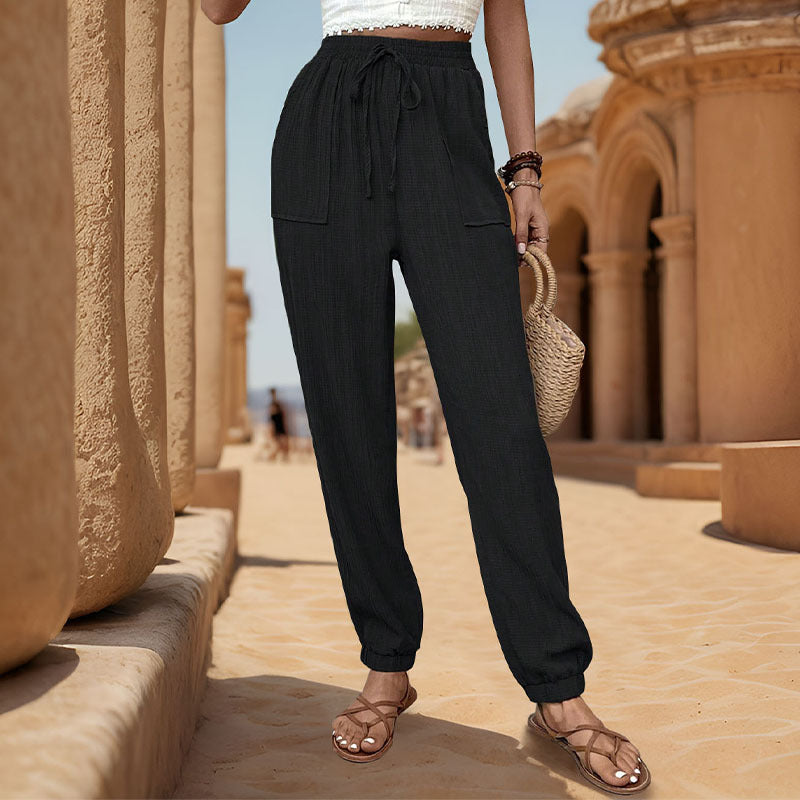 Summer Women Wear Texture Solid Color Casual Ankle Banded Pants