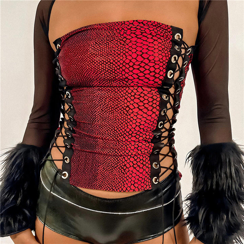 Spring Women Clothes Snake Pattern Printed Lace up Backless Sexy Tube Top Short Vest