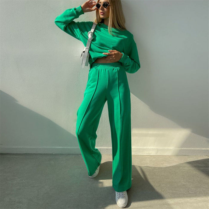 Solid Color Long Sleeve Crew Neck Sweater Set Women Clothing Autumn Winter Loose Top Loose Pants