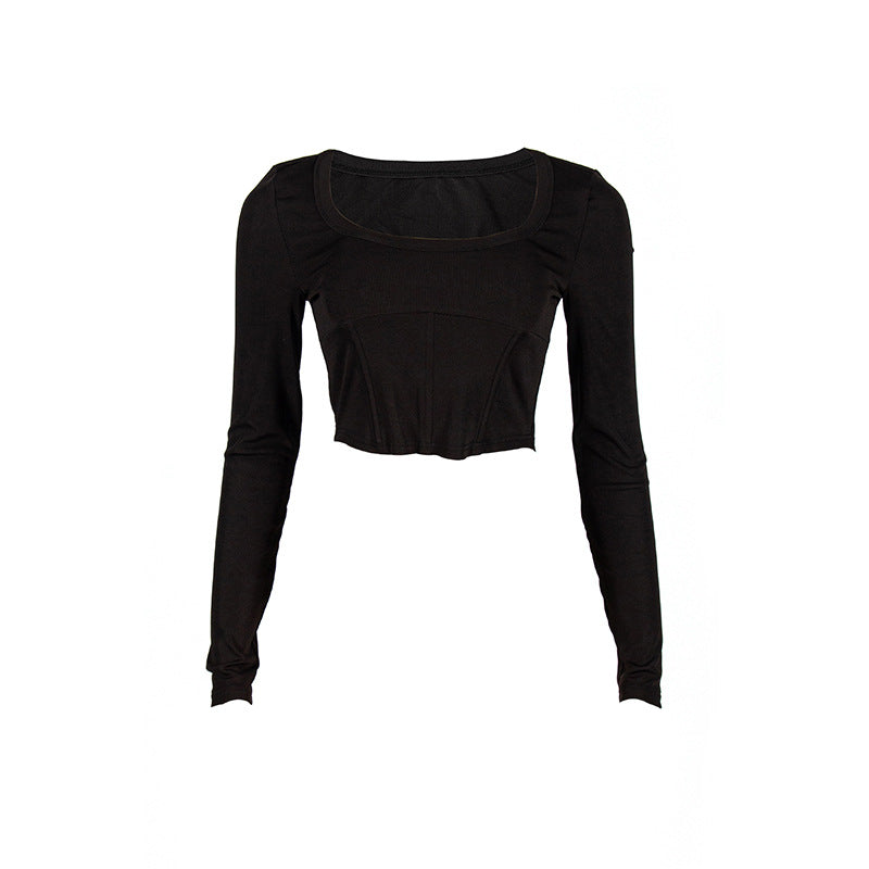 Autumn Solid Color Round Neck Pullover Long Sleeve Slim Boning Corset Short Cropped Women Top