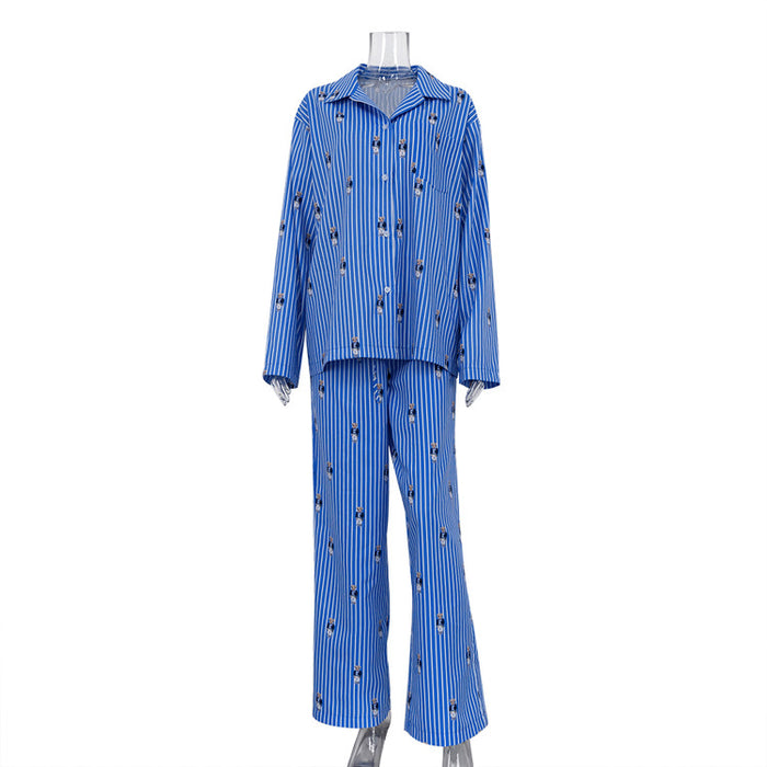 Women Cartoon Printed Suit Spring Summer Loose Shirt High Waist Trousers Two Piece Suit Women