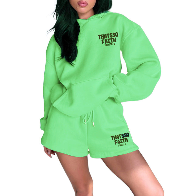 Autumn Winter Solid Color Letter Graphic Print Sweatshirt Women Loose Shorts Set