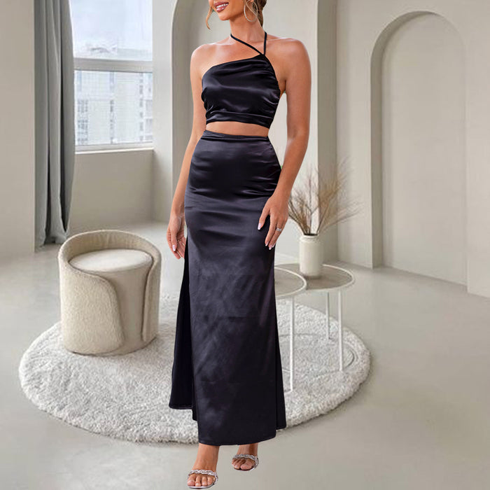 Elegant Halter Black Skirt Set Sexy Slit High Waist Skirt Two Piece Set