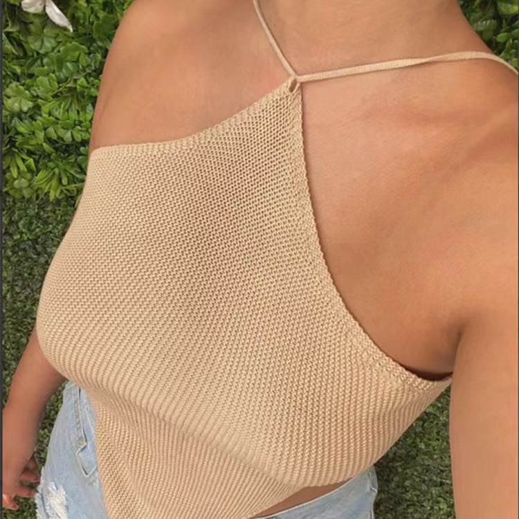 Summer Knitted Camisole Irregular Asymmetric Halter Sexy Slim Fit Backless Top