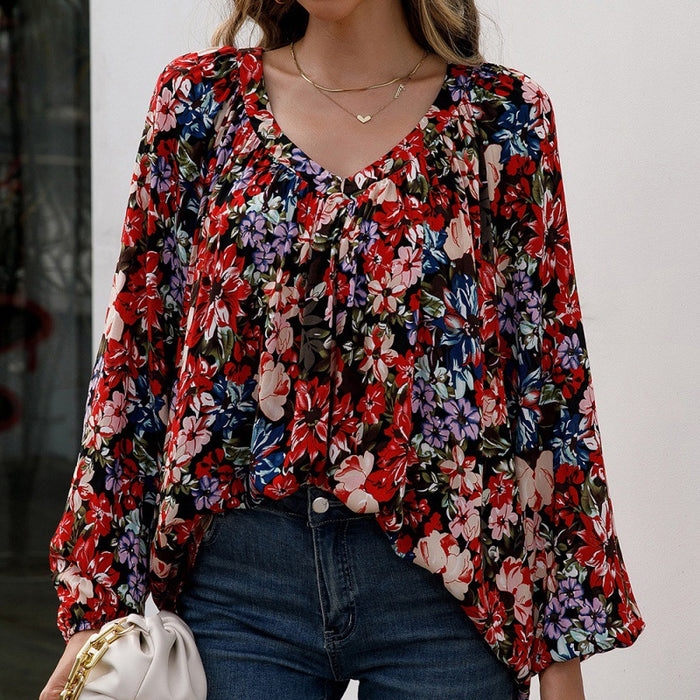 Loose Casual Floral Long Sleeved V neck Shirt Estampado Floral Shirt Top for Women