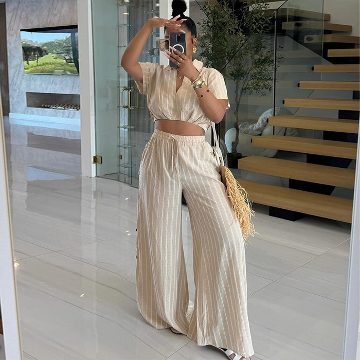 Women Clothing Summer Sweet Striped Short Sleeve Shirt High Waist Drawstring Wide Leg Pants Two Piece Set