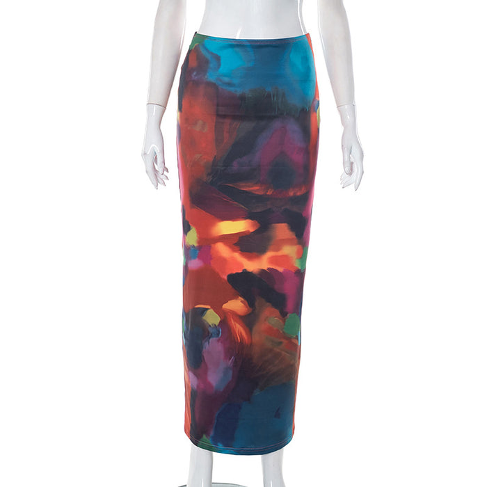 Women Summer Casual Painted Print Bare Cropped Slim Fit Sheath Long Skirt