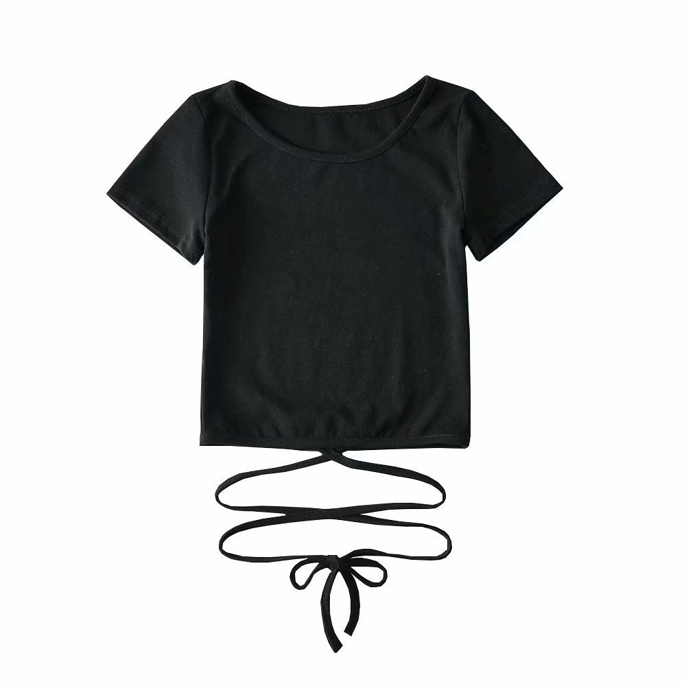 round Neck Tied Short-Sleeved T-shirt Summer Cropped Tight Top