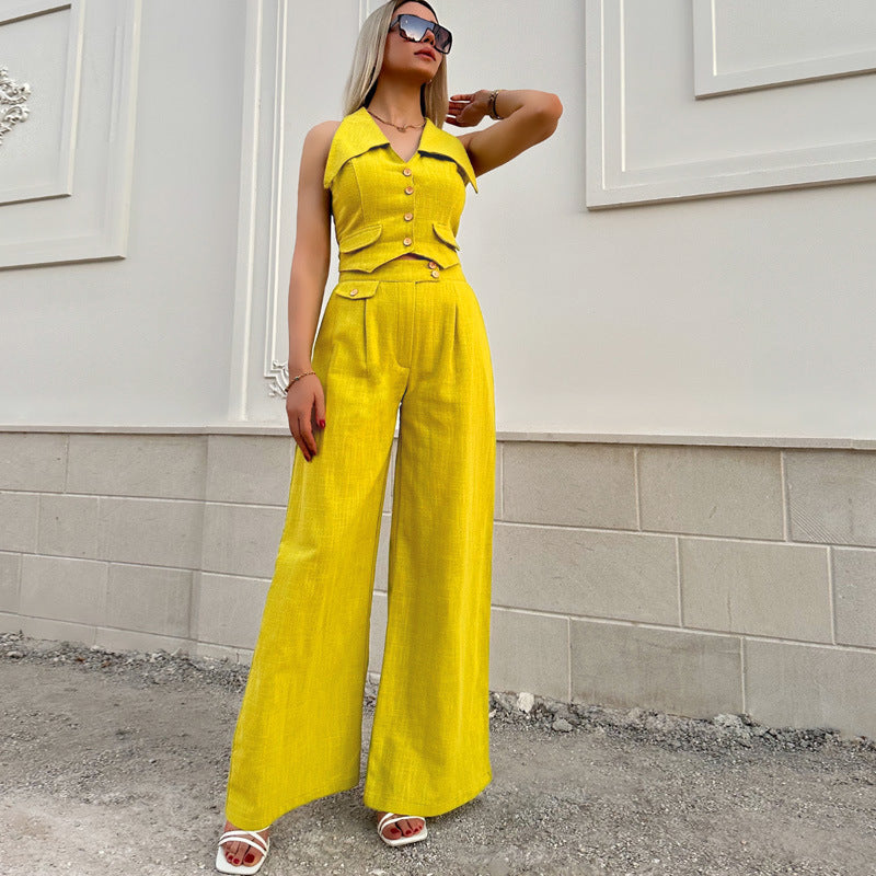 Suit Women Summer Sleeveless Short Vest Top with Loose Solid Color Trousers Suit