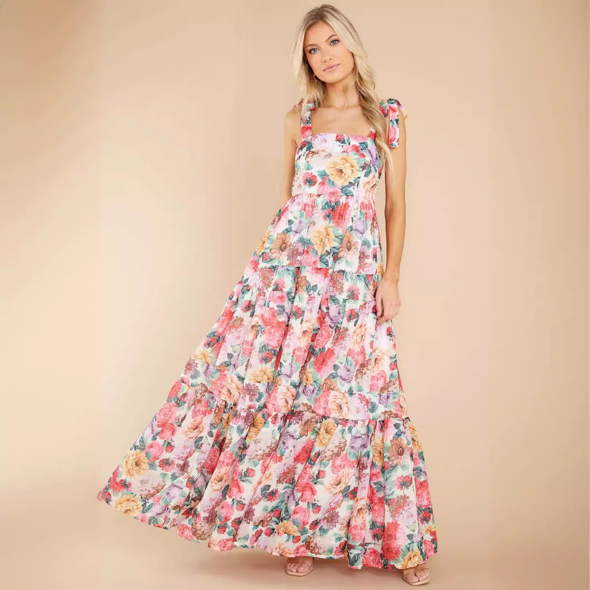 Summer Women Clothing Elegant off Neck Floral Strap Dress