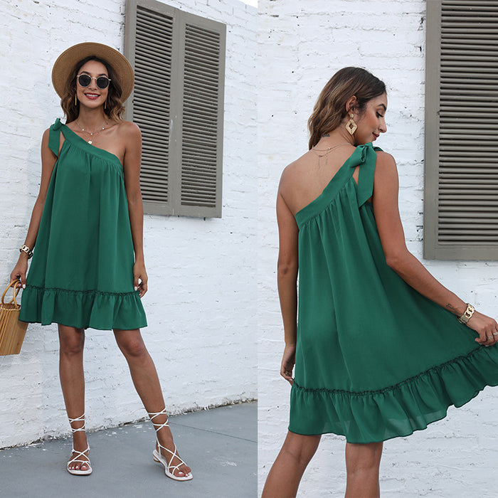 New Women Dress Fashion Shoulder-Baring Lace-up Small Chiffon Dress