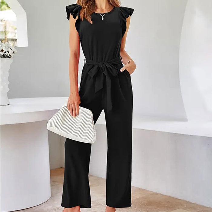 Women Woven Lotus Leaf Flounced Sleeve Waist Girdling Band Jumpsuit Women Casual Pants Spring Women