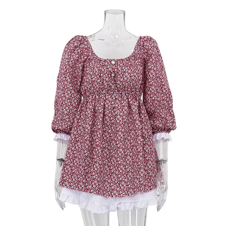 Women Clothing Spring Printed Dress Puff Sleeve Square Collar Slimming A line Dress Floral Dress