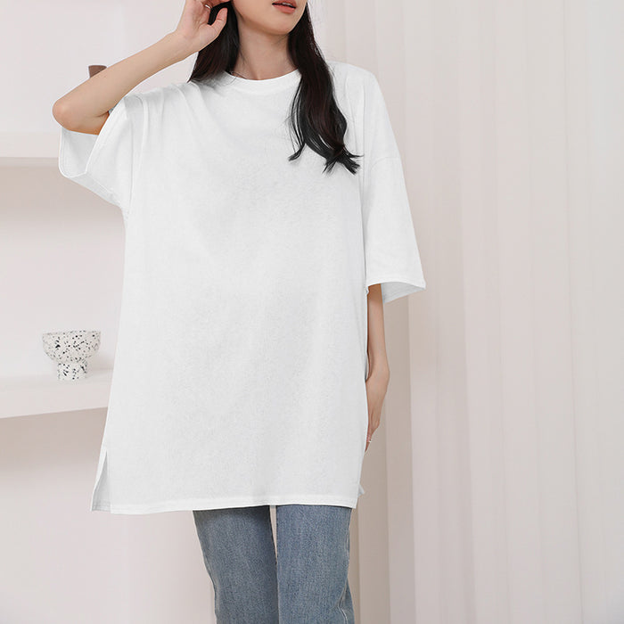 Korean Summer Pure Cotton T shirt Side Slit Casual Loose Mid Length Shirt Short Sleeve