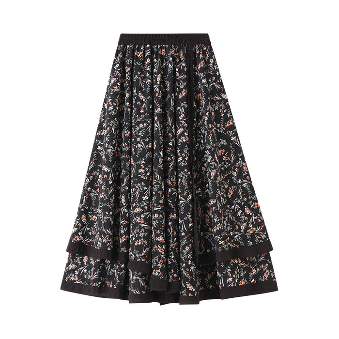 High Waist Slimming Mid Length Faux Two Piece Vintage Floral Stitching Big Swing Skirt Autumn Winter Women Skirt