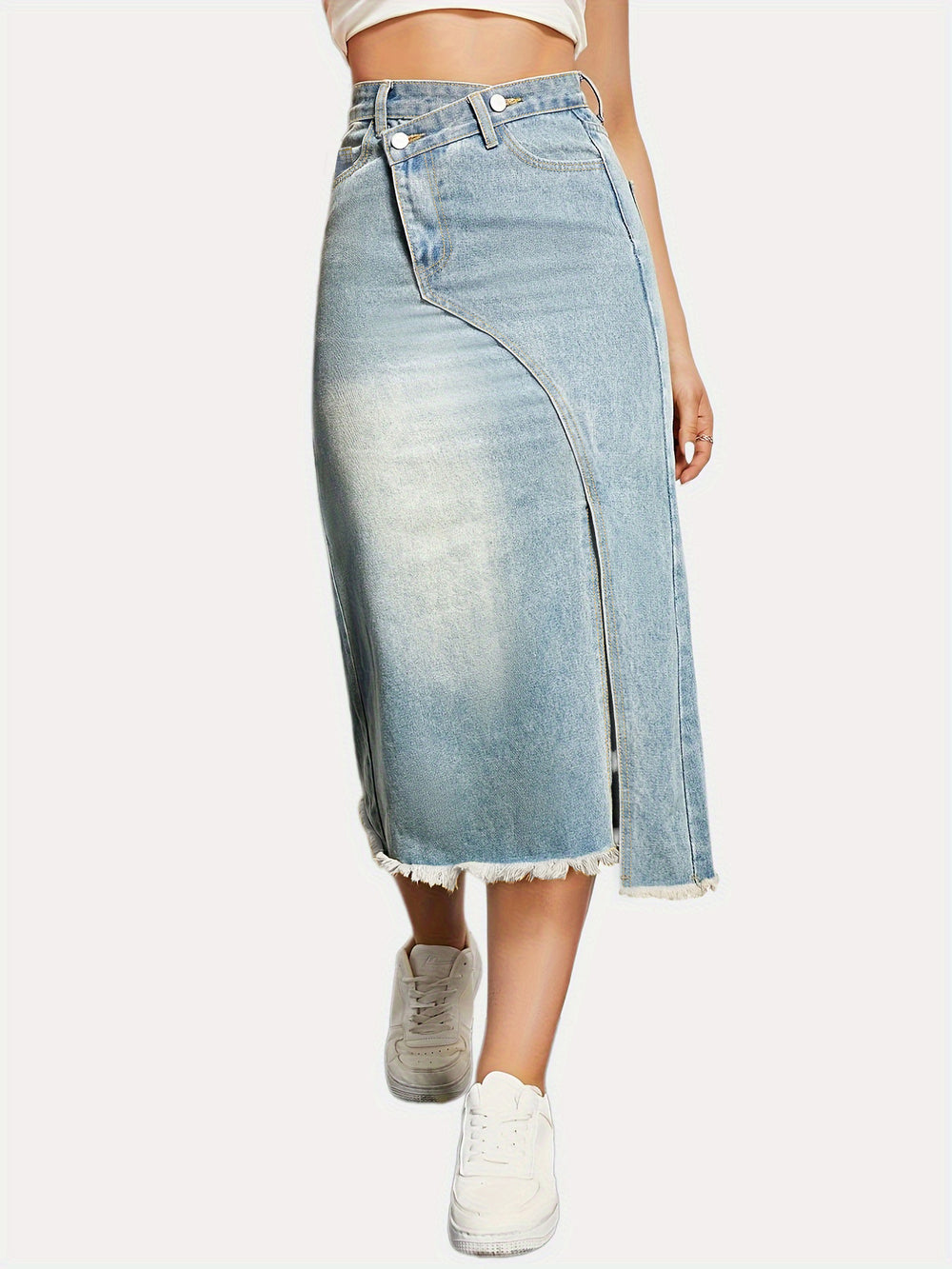 Autumn Retro Denim Skirt Women Fashionable with Side Slit Stitching Mid Length