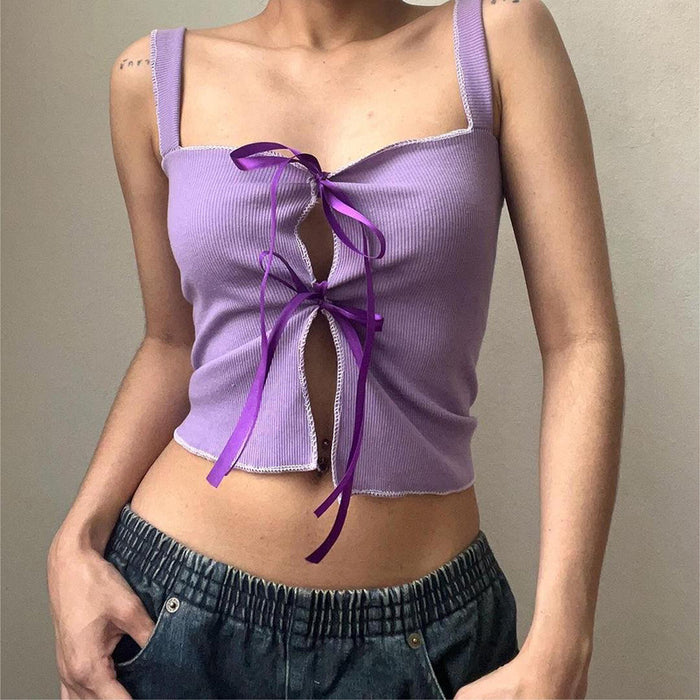 Pure Purple Charming White Square Collar Hollow Out Cutout Double Shoulder Strap Vest Summer Sexy Slimming Inner Top